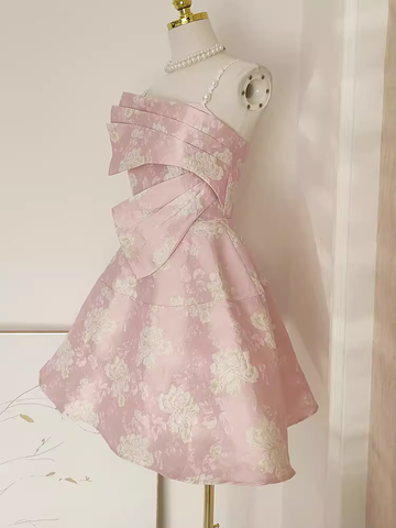 A line Spaghetti Straps Pink Satin Holiday Dresses Short Birthday Dress SD167